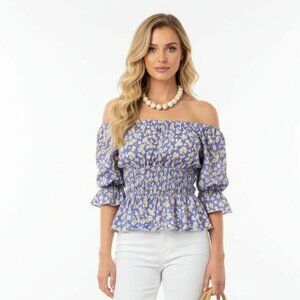Jera Premium Lavender & Ivory Floral Print Cropped Peasant Bohemian Blouse Top S